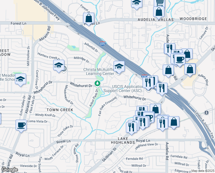 map of restaurants, bars, coffee shops, grocery stores, and more near 9740 Whitehurst Drive in Dallas