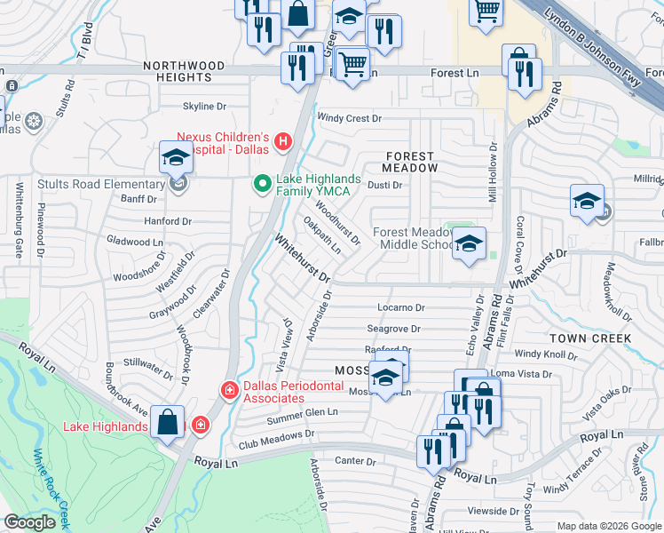 map of restaurants, bars, coffee shops, grocery stores, and more near 9002 Woodbluff Court in Dallas