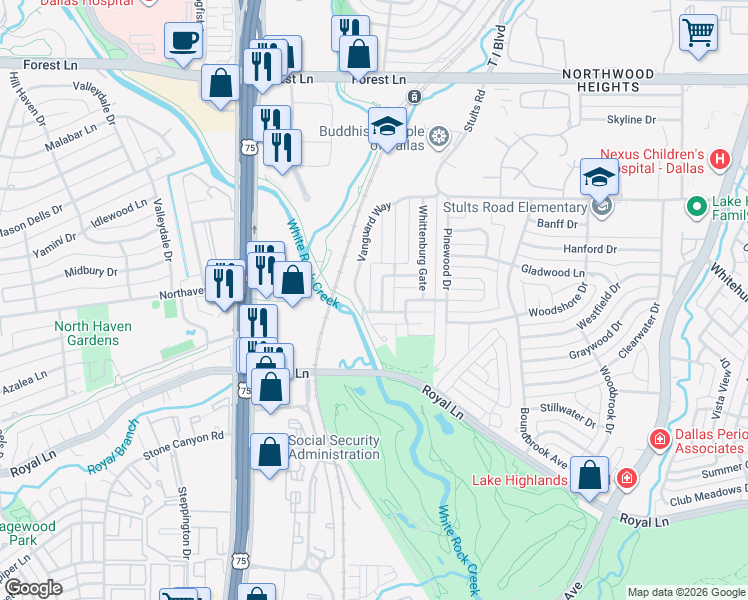 map of restaurants, bars, coffee shops, grocery stores, and more near 9205 Markanne Drive in Dallas