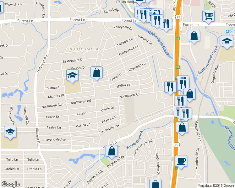 map of restaurants, bars, coffee shops, grocery stores, and more near 7523 Northaven Road in Dallas
