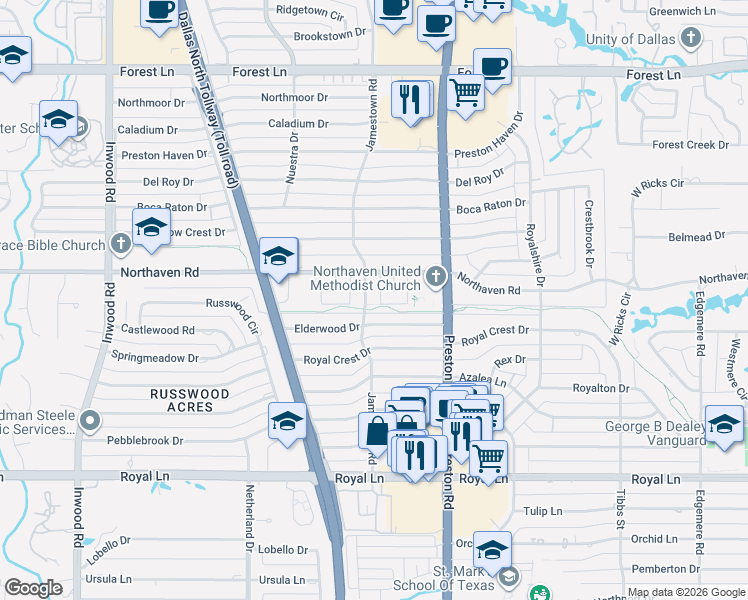 map of restaurants, bars, coffee shops, grocery stores, and more near 11224 Jamestown Road in Dallas