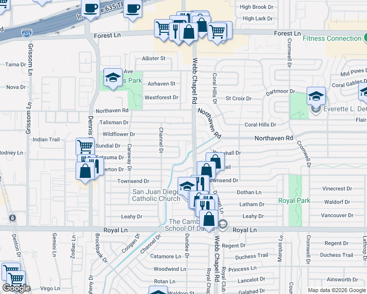 map of restaurants, bars, coffee shops, grocery stores, and more near 11201 Webb Chapel Road in Dallas