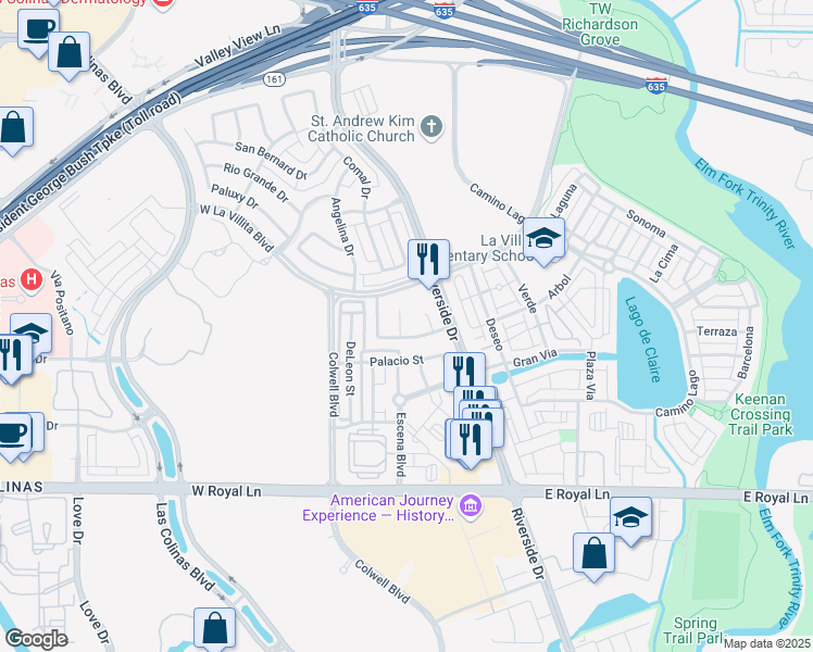 map of restaurants, bars, coffee shops, grocery stores, and more near 215 Rolling Fork Bend in Irving