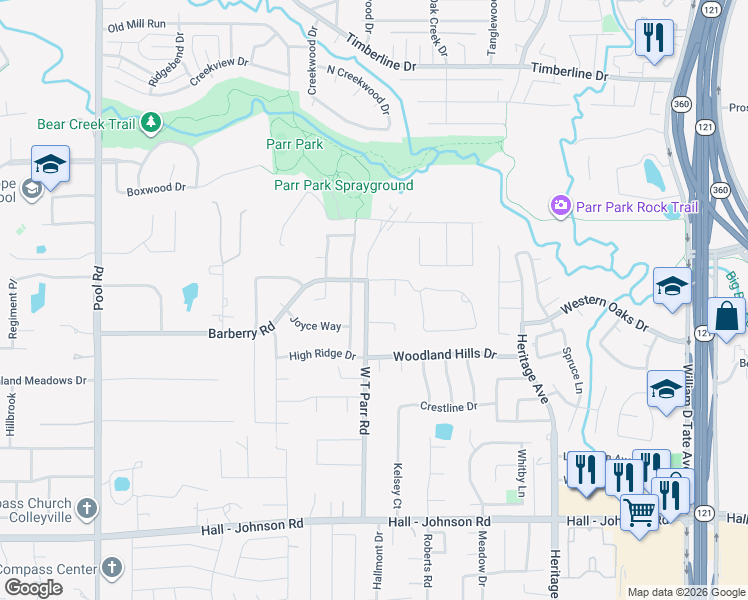 map of restaurants, bars, coffee shops, grocery stores, and more near 3412 W T Parr Road in Grapevine