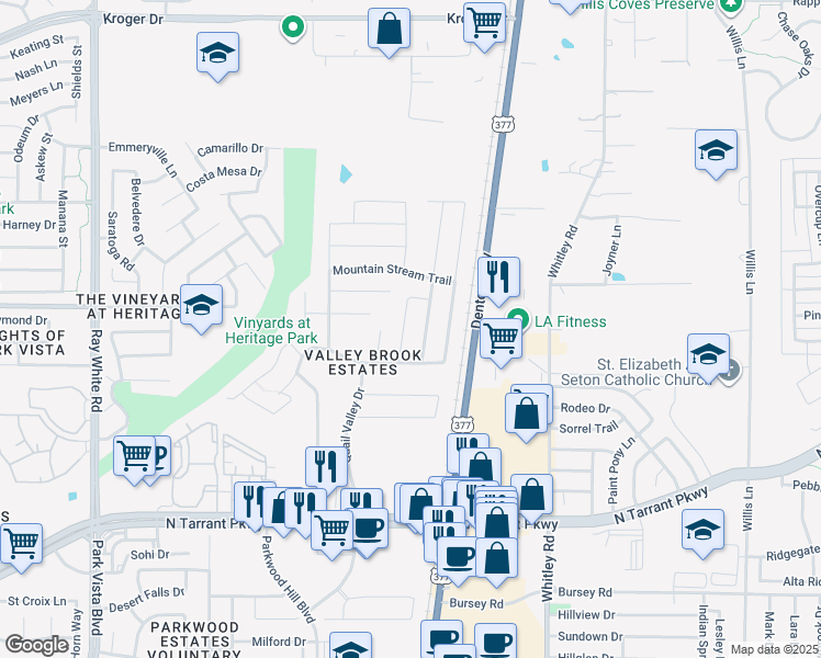 map of restaurants, bars, coffee shops, grocery stores, and more near 8829 Quarry Ridge Trail in Fort Worth