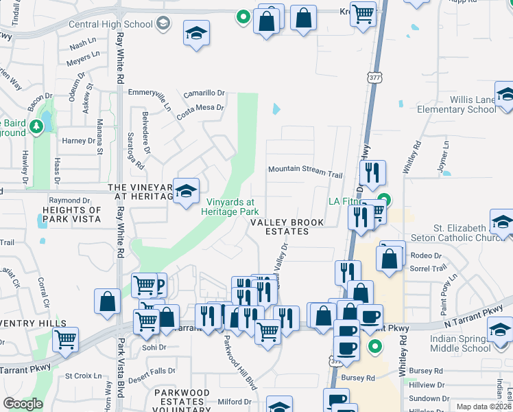 map of restaurants, bars, coffee shops, grocery stores, and more near 5649 Ridge Lake Drive in Fort Worth