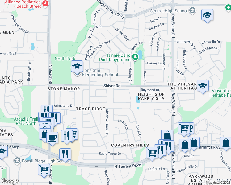 map of restaurants, bars, coffee shops, grocery stores, and more near 8833 Stirrup Way in Fort Worth