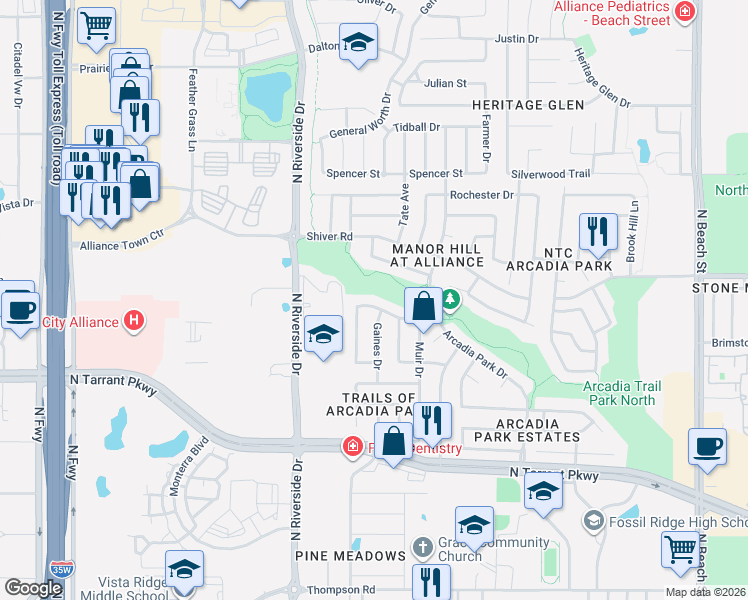 map of restaurants, bars, coffee shops, grocery stores, and more near 4013 Chisos Rim Trail in Fort Worth