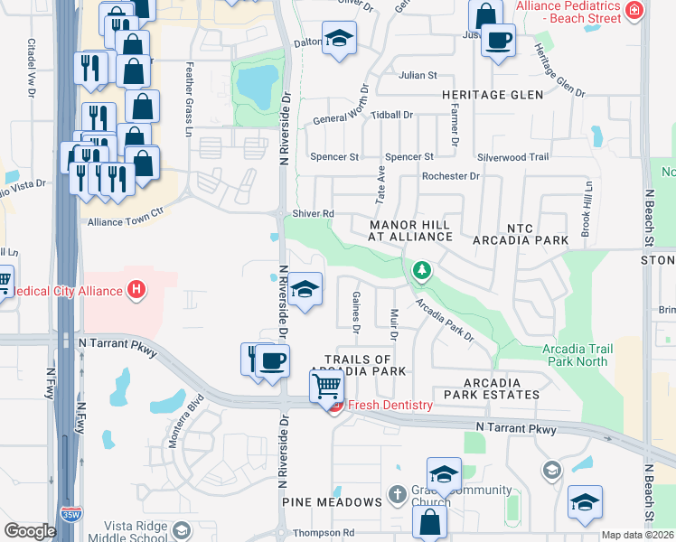 map of restaurants, bars, coffee shops, grocery stores, and more near 8757 Sumter Way in Fort Worth