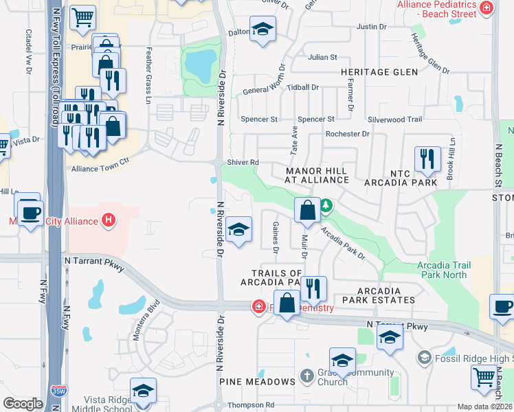 map of restaurants, bars, coffee shops, grocery stores, and more near 8757 Sumter Way in Fort Worth