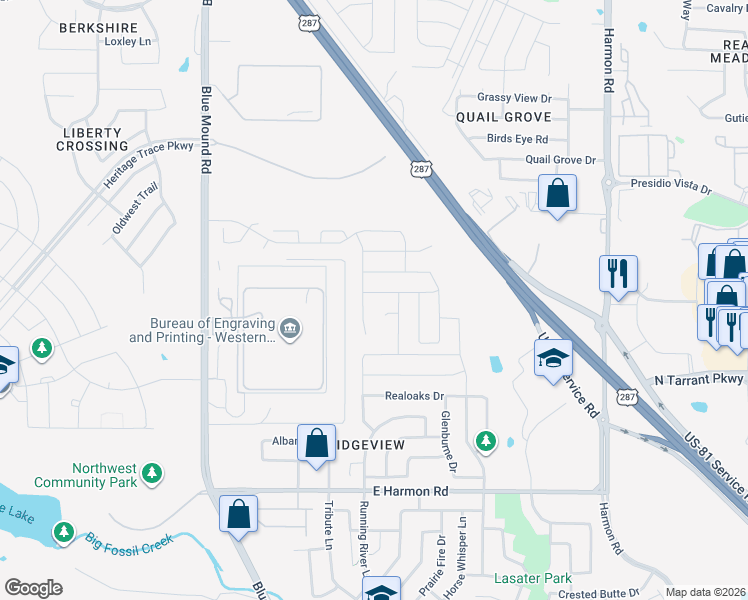 map of restaurants, bars, coffee shops, grocery stores, and more near 1209 Kanata Court in Fort Worth