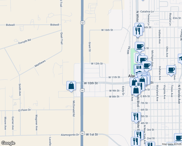 map of restaurants, bars, coffee shops, grocery stores, and more near Palm Street in Alamogordo