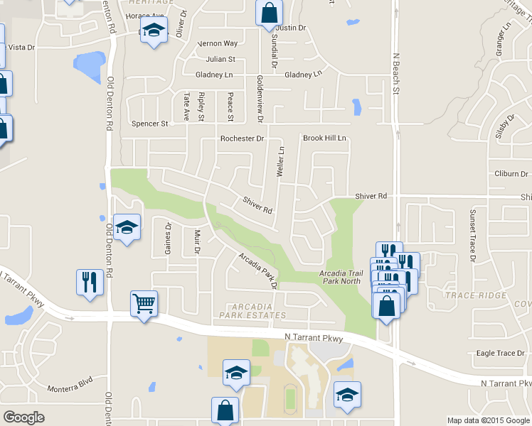 map of restaurants, bars, coffee shops, grocery stores, and more near 4044 Shiver Road in Fort Worth