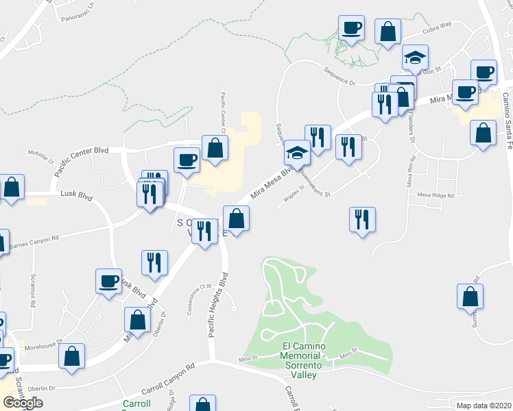 map of restaurants, bars, coffee shops, grocery stores, and more near 9370 Waples Street in San Diego