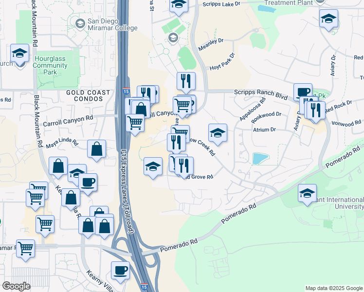 map of restaurants, bars, coffee shops, grocery stores, and more near 10021 Willow Creek Road in San Diego