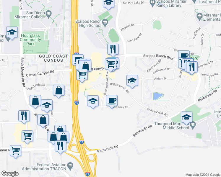 map of restaurants, bars, coffee shops, grocery stores, and more near 10021 Willow Creek Road in San Diego