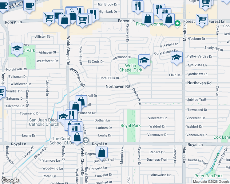 map of restaurants, bars, coffee shops, grocery stores, and more near 3311 Whitehall Drive in Dallas