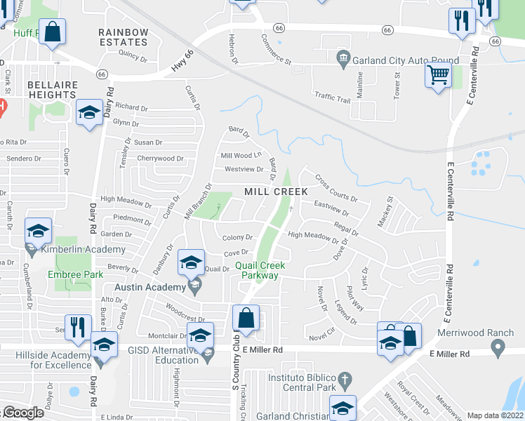 map of restaurants, bars, coffee shops, grocery stores, and more near 1302 Bard Court in Garland