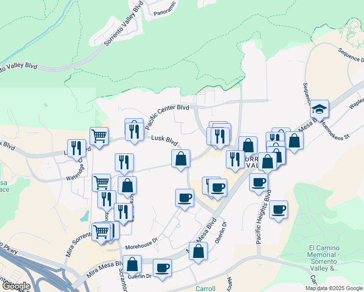 map of restaurants, bars, coffee shops, grocery stores, and more near 6255 Lusk Boulevard in San Diego