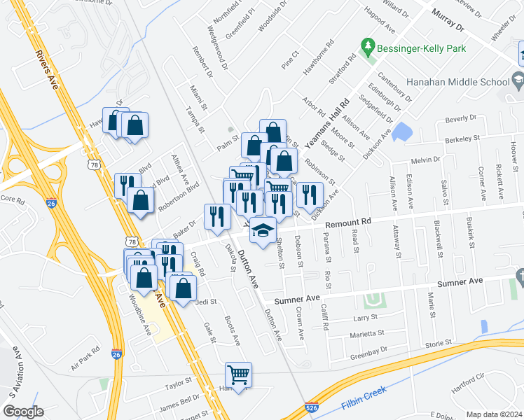 map of restaurants, bars, coffee shops, grocery stores, and more near 1285 Yeamans Hall Road in Hanahan