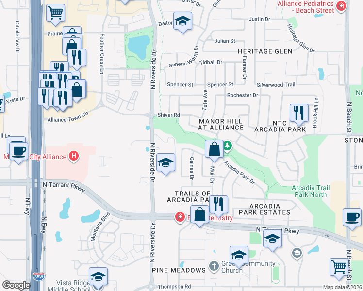 map of restaurants, bars, coffee shops, grocery stores, and more near 8757 Sumter Way in Fort Worth