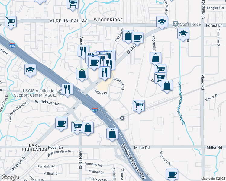 map of restaurants, bars, coffee shops, grocery stores, and more near 9900 Adleta Boulevard in Dallas