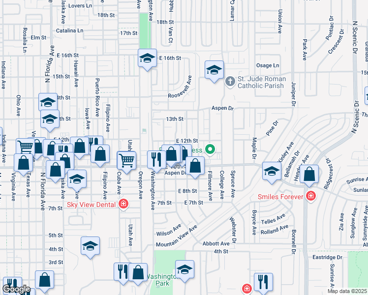 map of restaurants, bars, coffee shops, grocery stores, and more near 1100 Monroe Avenue in Alamogordo