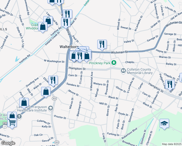 map of restaurants, bars, coffee shops, grocery stores, and more near 143 South Memorial Avenue in Walterboro