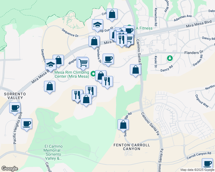 map of restaurants, bars, coffee shops, grocery stores, and more near 6675 Mesa Ridge Road in San Diego