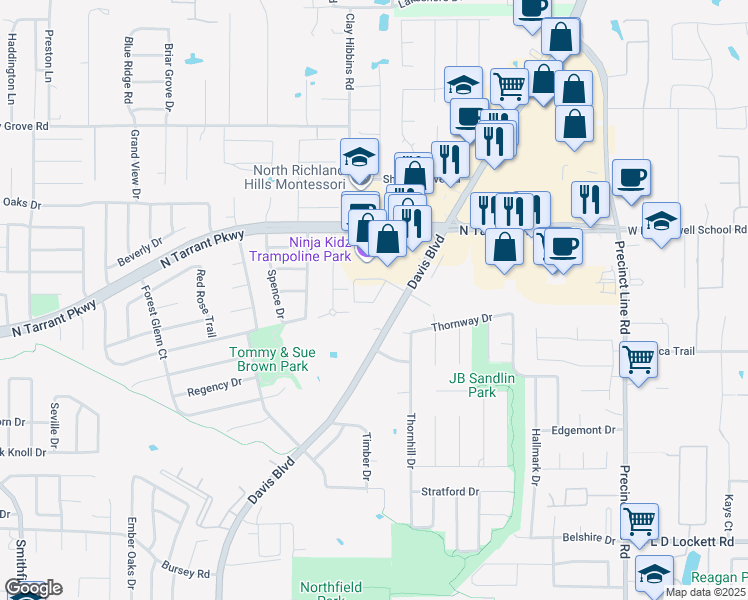 map of restaurants, bars, coffee shops, grocery stores, and more near 8337 Davis Boulevard in North Richland Hills