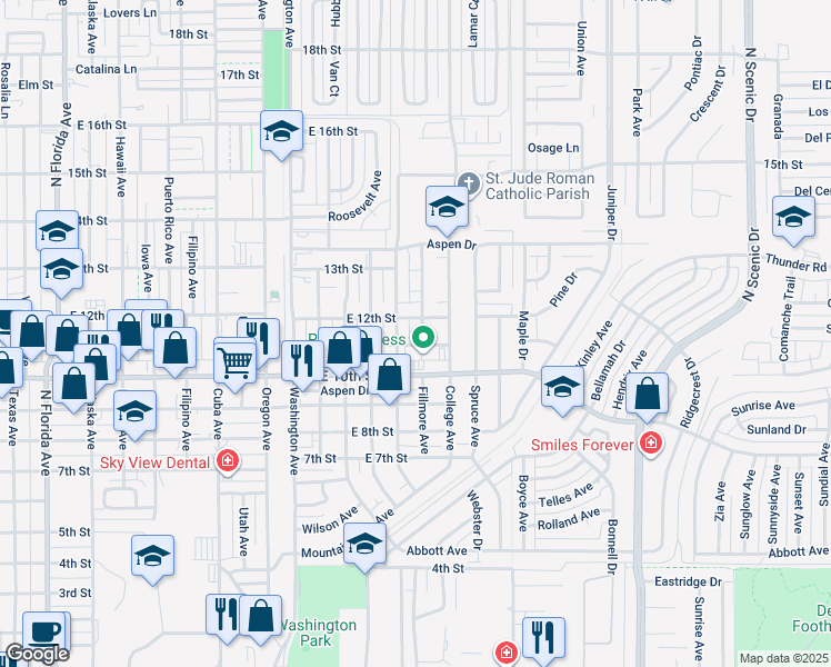 map of restaurants, bars, coffee shops, grocery stores, and more near 1100 East 11th Street in Alamogordo
