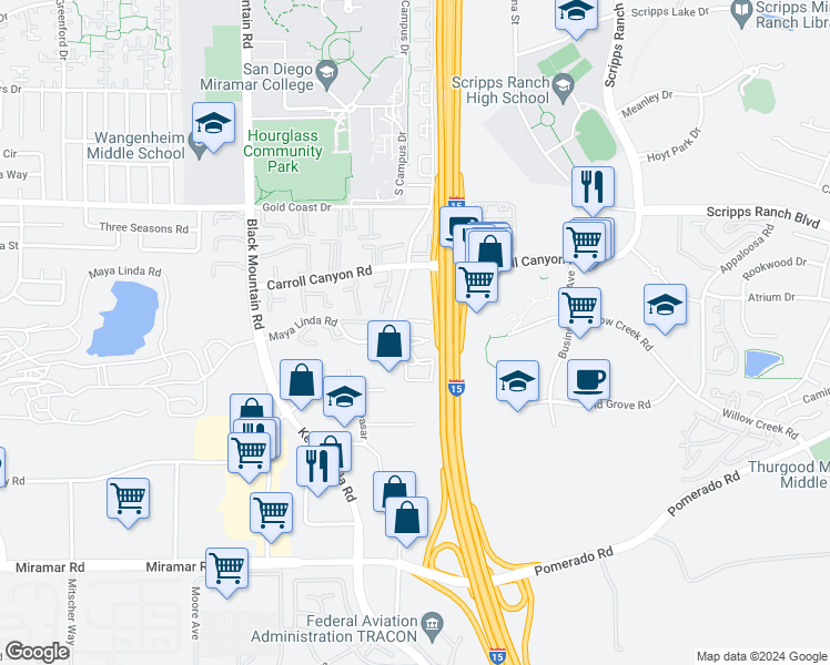 map of restaurants, bars, coffee shops, grocery stores, and more near 9745 Mesa Springs Way in San Diego