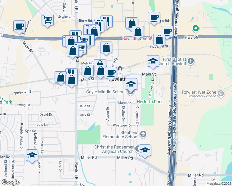 map of restaurants, bars, coffee shops, grocery stores, and more near 3904 Aspen Drive in Rowlett