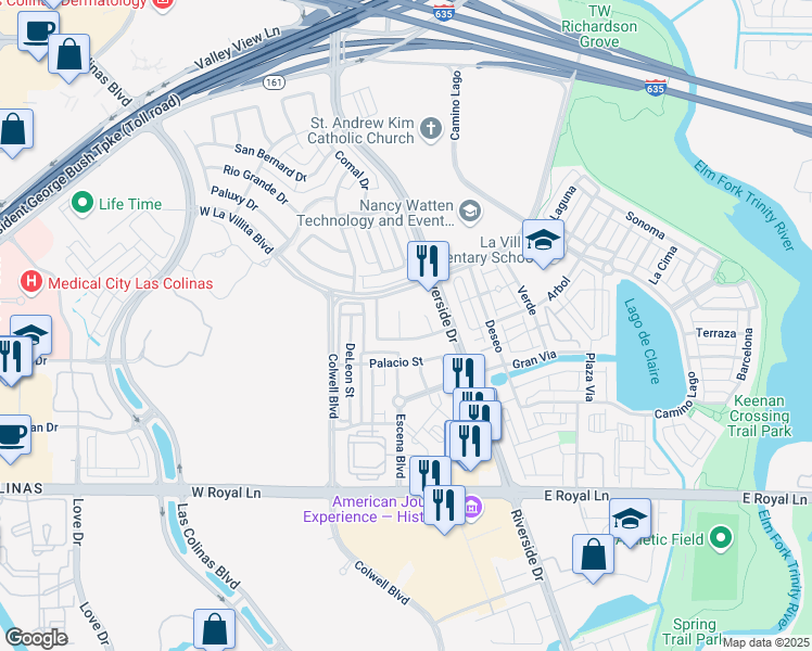 map of restaurants, bars, coffee shops, grocery stores, and more near 6810 Saint Francis Court in Irving