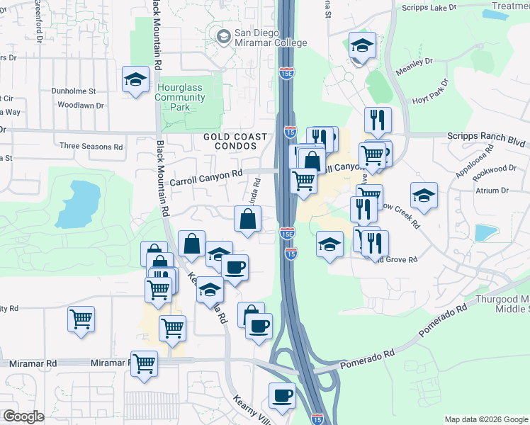 map of restaurants, bars, coffee shops, grocery stores, and more near 9745 Mesa Springs Way in San Diego