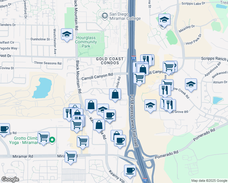map of restaurants, bars, coffee shops, grocery stores, and more near 9730 Mesa Springs Way in San Diego