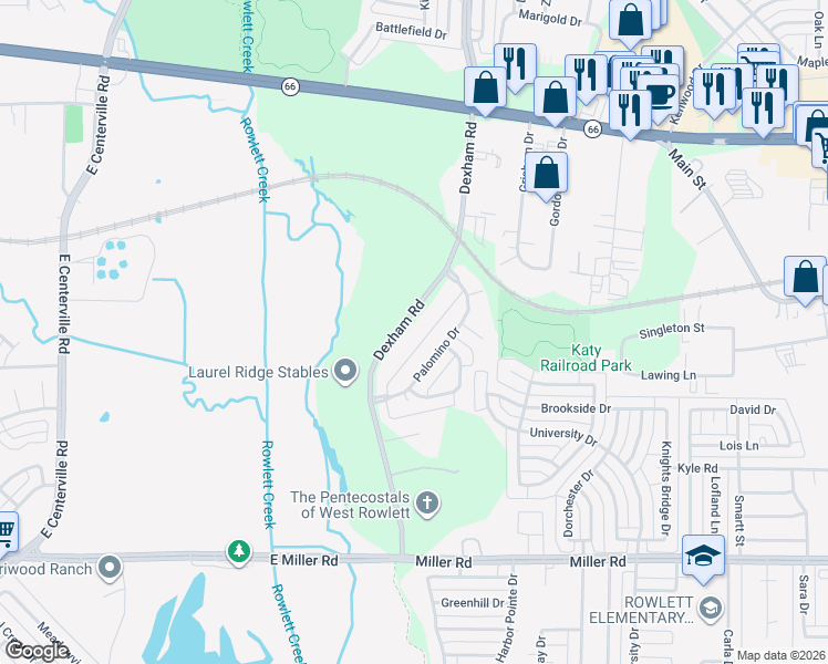 map of restaurants, bars, coffee shops, grocery stores, and more near 1721 Palomino Drive in Rowlett