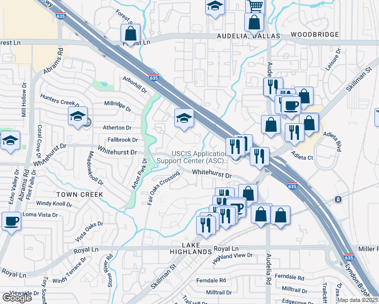map of restaurants, bars, coffee shops, grocery stores, and more near 9911 Whitehurst Drive in Dallas