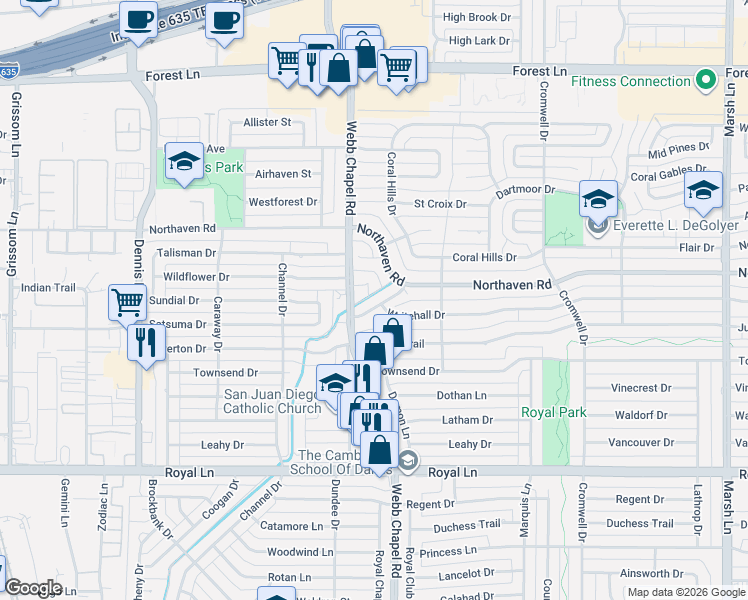 map of restaurants, bars, coffee shops, grocery stores, and more near 3125 Sombrero Drive in Dallas
