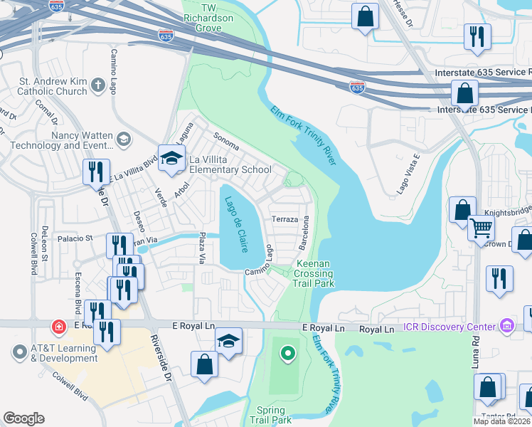 map of restaurants, bars, coffee shops, grocery stores, and more near 1100 Camino Lago in Irving