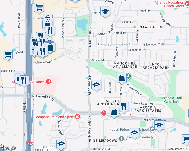 map of restaurants, bars, coffee shops, grocery stores, and more near 3601 Vienne Place in Fort Worth