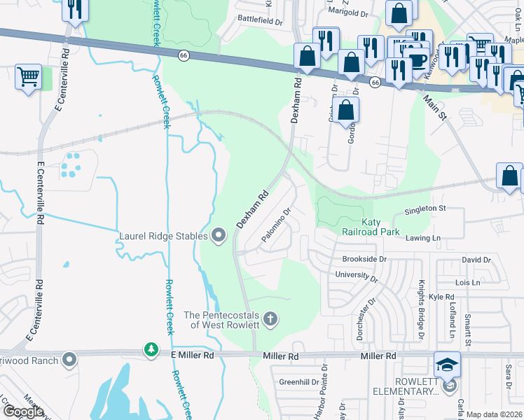 map of restaurants, bars, coffee shops, grocery stores, and more near 1721 Palomino Drive in Rowlett