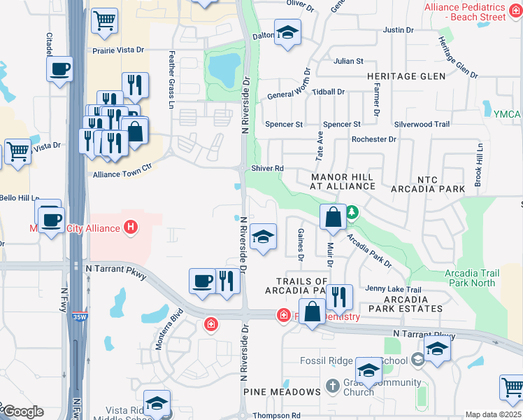 map of restaurants, bars, coffee shops, grocery stores, and more near 3601 Vienne Place in Fort Worth