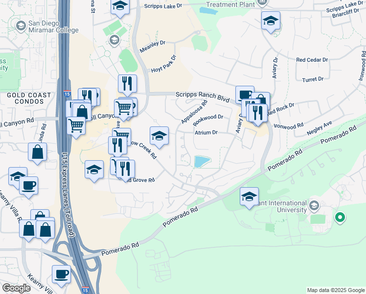 map of restaurants, bars, coffee shops, grocery stores, and more near 9730 Caminito Doha in San Diego
