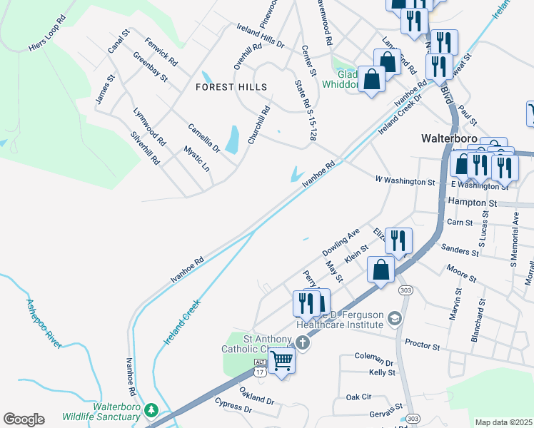 map of restaurants, bars, coffee shops, grocery stores, and more near Ivanhoe Road in Walterboro