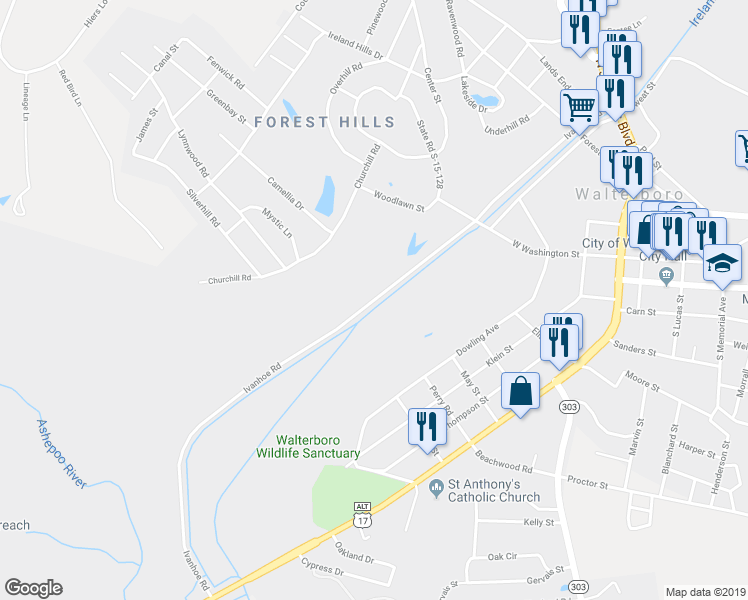 map of restaurants, bars, coffee shops, grocery stores, and more near Ivanhoe Road in Walterboro