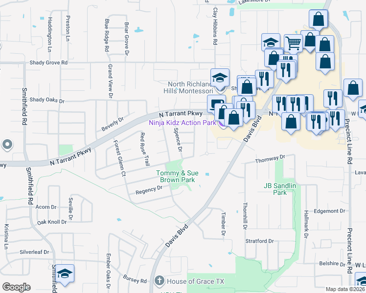 map of restaurants, bars, coffee shops, grocery stores, and more near 8313 Valley Oaks Drive in North Richland Hills