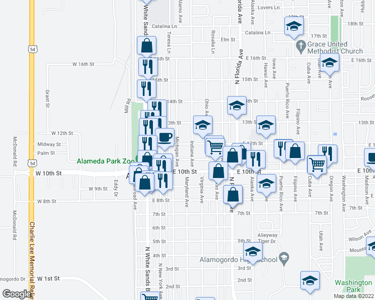 map of restaurants, bars, coffee shops, grocery stores, and more near 1115 Indiana Avenue in Alamogordo