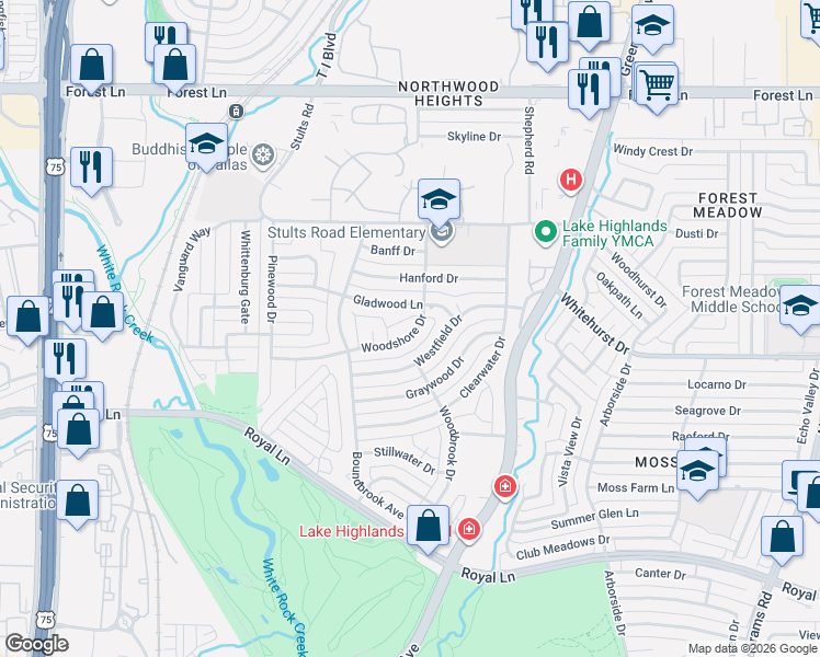 map of restaurants, bars, coffee shops, grocery stores, and more near 9115 Woodshore Drive in Dallas