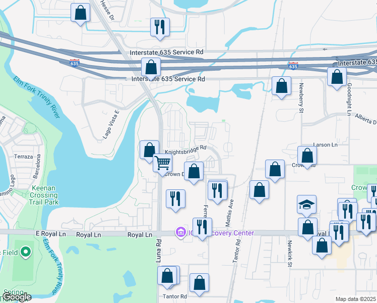 map of restaurants, bars, coffee shops, grocery stores, and more near Knightsbridge Road in Farmers Branch